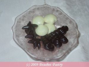chocolate shells on glass dish