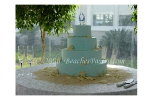 Beach themed wedding cake with chocolate shells